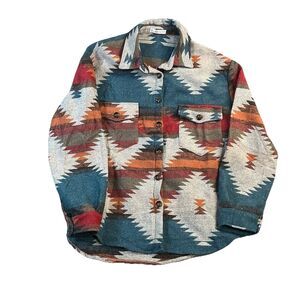 Womens Aztec Western Tribal Blue Orange Shacket Jacket Button Blakeley Size 2XL